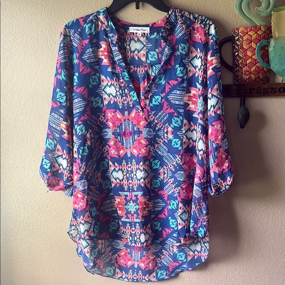 Wishful Park Pink and Blue Graphic Blouse with 3/4 Sleeves